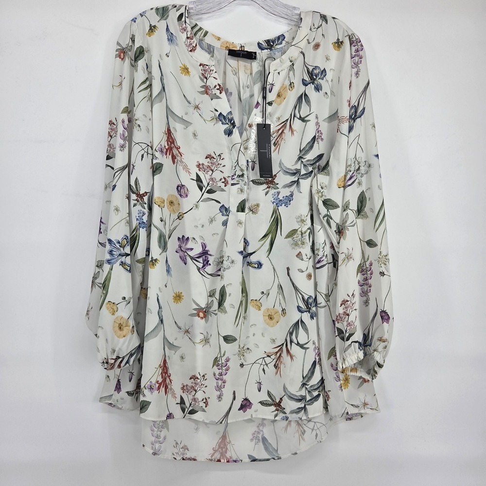 Tahari Floral Blouse 1X White Spring Botanical Print Cottagecore Boho